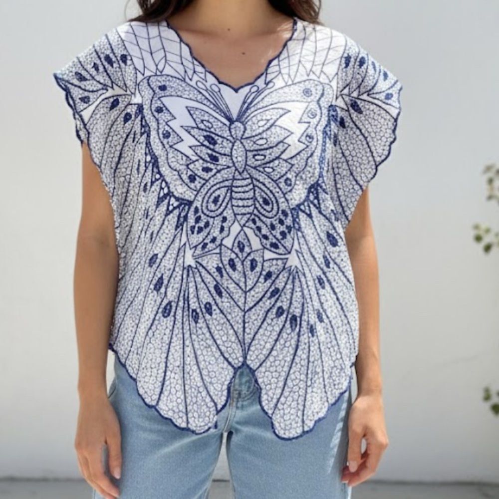 Vintage Y2K Primitive Vibes Hawaii Butterfly Hand-Embroidered Festival Top, S/M